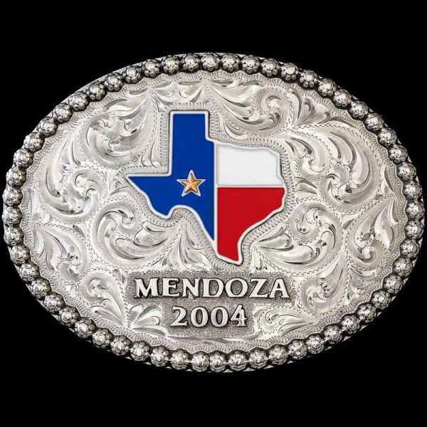 "Make a Texas-sized statement with our Rio Bravo Belt Buckle! This stunning buckle is crafted on a hand-engraved, German Silver base. It features a berry edge, German Silver lettering, and room for any figure, logo or ranch brand. 

Customize it wi